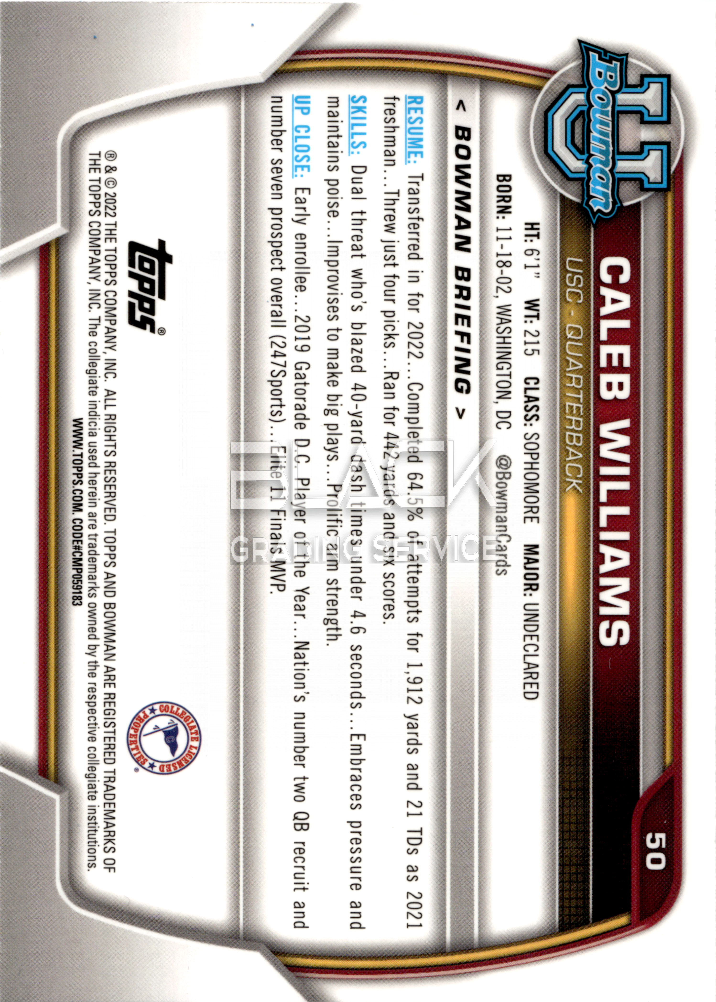 Back - Topps Chrome Bowman University