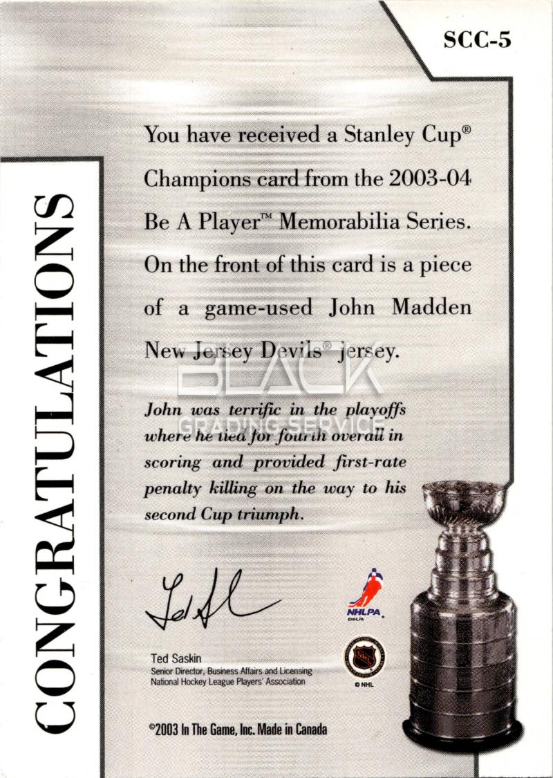Back - In the Game Be A Player Memorabilia - Stanley Cup Champions